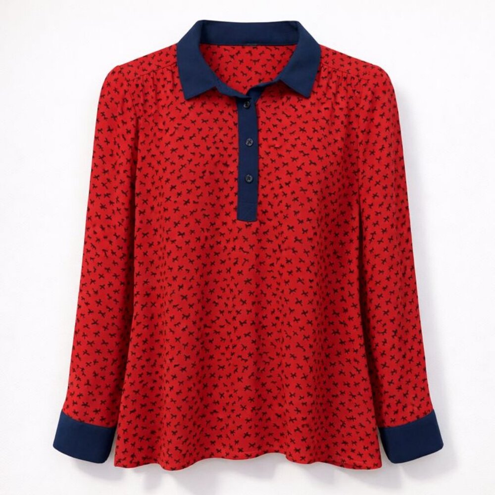 Free People Red Printed Blouse S Oversized Tunic Navy Equestrian Boho Spring Top